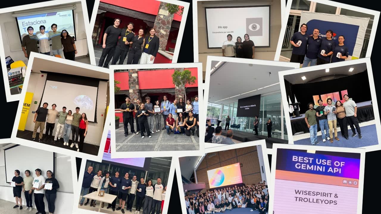 Collage de fotos de proyectos, equipos y premios de Adan Flores
